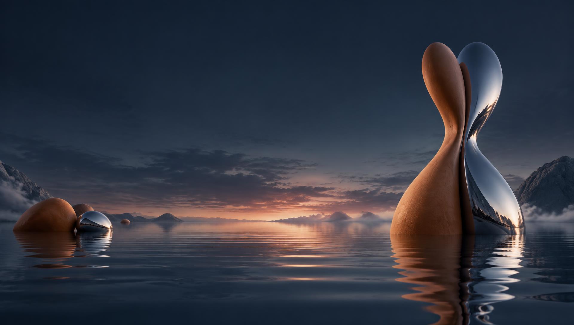 Terracotta and chrome sculptures fusing together in a still sea at dusk